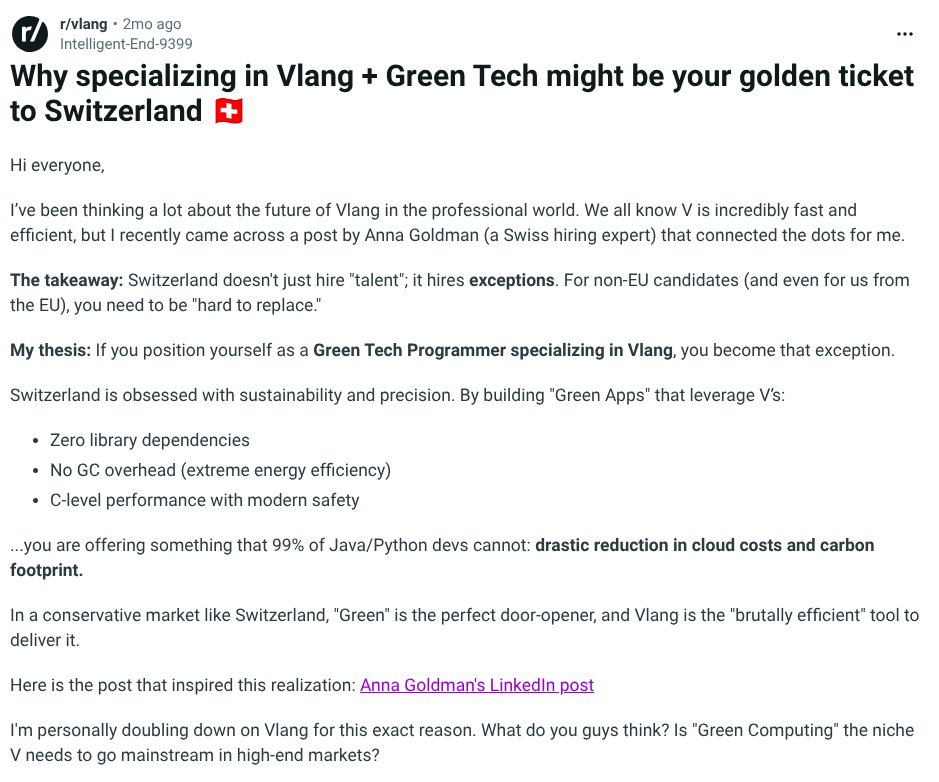 Post: Why specializing in Vlang + Green Tech might be your golden ticket to Switzerland