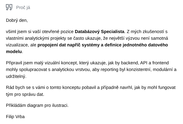 Poslání žádosti na inzerát přes startupjobs.cz portál s profesním důrazem.