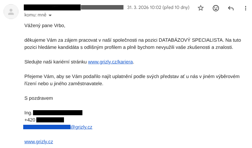 Osobní email: Výběrové řízení na pozici DATABÁZOVÝ SPECIALISTA