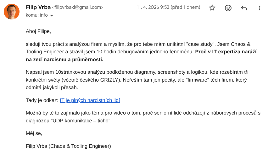 Strukturovaná analýza (10 hodin práce) zaslaná subjektu, který se deklaruje jako expert na firemní procesy.